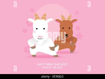Biglietto d'auguri divertente anno della capra. Due capre zodiacali in stile cartoni animati per celebrare il Capodanno cinese della capra 2027. Illustrazione Vettoriale