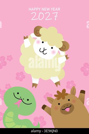Simpatici animali zodiacali per l'anno della festa delle pecore. Modello di poster del capodanno cinese delle pecore 2027 in un carino stile cartoni animati. Illustrazione Vettoriale