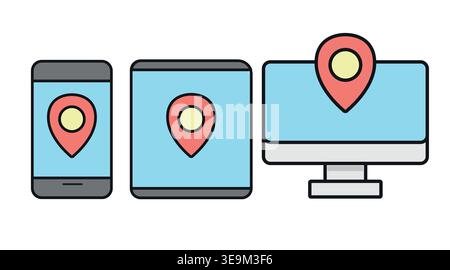 Set di icone SEO locale multidispositivo e posizione Illustrazione Vettoriale