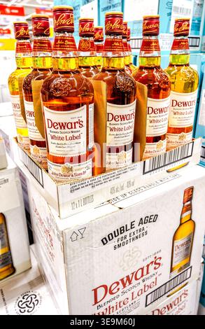 Samara, Russia - 20 dicembre 2025: Il whiskey Dewar's White Label è venduto in un superstore, il whisky Blended più premiato. Bevande alcoliche forti Foto Stock