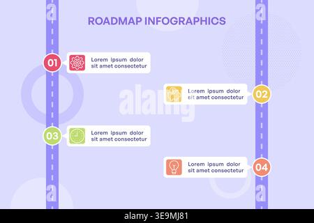 Roadmap verticale a due lati con illustrazione vettoriale dei cluster di pietre miliari separati Illustrazione Vettoriale