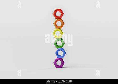 Una disposizione verticale di sei dadi colorati in colori arcobaleno, su uno sfondo bianco pulito, che mostra tonalità vivaci e forme geometriche. Foto Stock