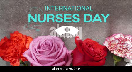 12 maggio giornata internazionale degli infermieri. cartolina di auguri sfondo in pietra e fiori Foto Stock