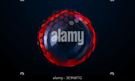 Scudo energetico astratto con sfera esagonale rossa brillante su sfondo scuro. Illustrazione vettoriale. Illustrazione Vettoriale