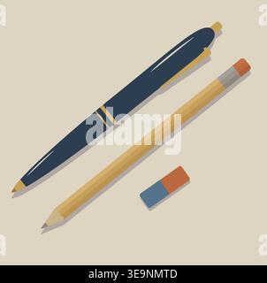 Set di strumenti di scrittura classici penna blu scuro professionale, matita in legno e vettore gomma. Cancelleria minimalista per il Branding Back to School e Office Illustrazione Vettoriale