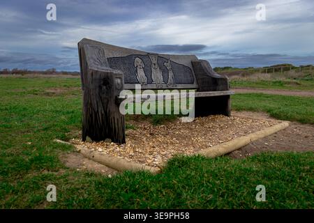 Una panchina in legno rustica con disegni di animali scolpiti, situata in un campo erboso aperto sotto un cielo nuvoloso. Un mix perfetto di arte e natura Foto Stock