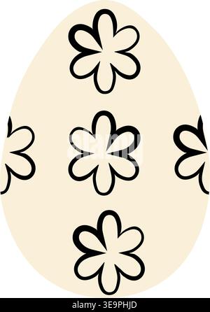Elegante uovo di Pasqua con ornamenti floreali in inchiostro nero su sfondo beige. Elemento botanico minimalista disegnato a mano per le vacanze primaverili, biglietto d'auguri Illustrazione Vettoriale