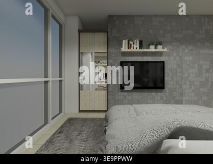 Armadio ad angolo minimalista e soluzione di stoccaggio in morbido legno d'acero per gli interni delle camere da letto. Foto Stock