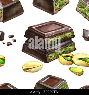 Acquerello disegnato a mano con motivo senza cuciture di cioccolato Dubai con ripieno di pistacchio kunafa. Questo sfondo alla moda con piatti ripetuti presenta cioccolato fondente Foto Stock