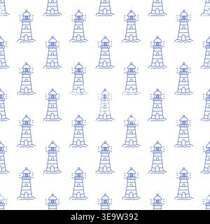 Motivo senza cuciture con fari in linea blu su sfondo bianco. Contorno stampa nautica. Illustrazione Vettoriale