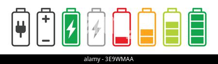 Serie di icone della batteria che mostrano diversi livelli di carica, colori e stati, tra cui carica, scarica, ricarica e connessione di alimentazione. Pulizia minima li piatti Illustrazione Vettoriale