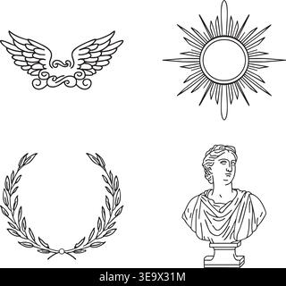 Un'illustrazione dettagliata in bianco e nero a linee con elementi decorativi classici Illustrazione Vettoriale