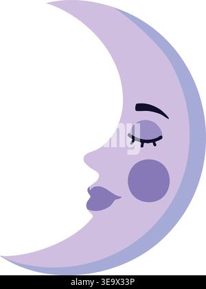 Graziosa illustrazione di una luna a mezzaluna di lavanda con un volto tranquillo, occhio chiuso e guancia rosea. Illustrazione Vettoriale