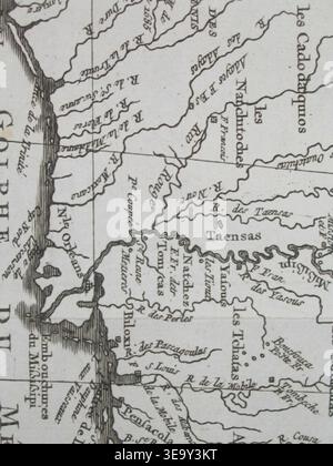 L'Abbé Antoine Francois Prévost (1697 – 1763) è stato uno storico francese. Jacques-Nicolas Bellin (1703-1772) produsse indagini idrografiche. La stampa fotografica storica riproduce la mappa di Bellin della foce del fiume Mississippi, delle regioni circostanti e del territorio della Louisiana, 1746-1759. Foto Stock