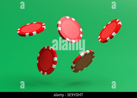 Gettoni di gioco rossi, con strisce bianche, che cadono su un vivace sfondo verde, creando un concetto di gioco d'azzardo e vincendo Foto Stock
