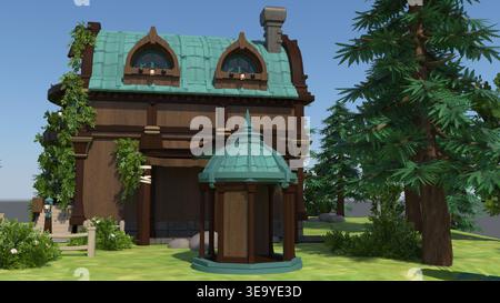 Stravagante casa in legno 3D con finestre ad arco, pareti ricoperte di edera e un tetto verde, adagiato in un lussureggiante giardino. Ideale per la fantasia, la narrazione, o. Foto Stock