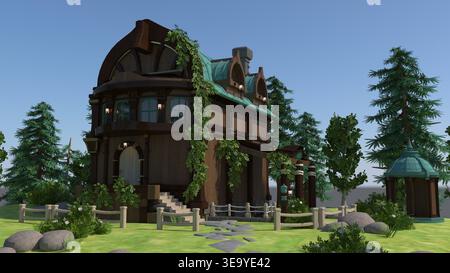 Stravagante casa in legno 3D con finestre ad arco, pareti ricoperte di edera e un tetto verde, adagiato in un lussureggiante giardino. Ideale per la fantasia, la narrazione, o. Foto Stock