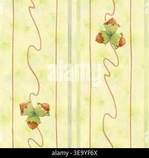 Acquerello motivo autunnale senza cuciture con nocciole, foglie e strisce. Fondo botanico vintage disegnato a mano in tenui toni verdi Foto Stock
