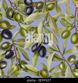 Rami d'ulivo. Un motivo ad acquerello senza cuciture con rami e foglie di oliva verdi e nere disegnati a mano. Perfetto per tessuti, imballaggi e design, uomo Foto Stock