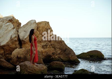 Giovane donna nera in piedi su una costa rocciosa di fronte all'acqua Foto Stock