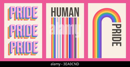 Set di poster queer con tipografia retrò degli anni '70. Arte murale minimalista LGBTQIA per i diritti umani, banner geometrico verticale incluso per l'evento Pride Month Illustrazione Vettoriale