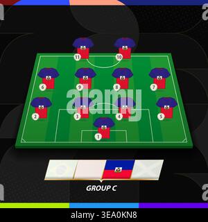 Formazione della squadra di calcio di Haiti sul campo da calcio per la competizione internazionale. Giocatori di calcio in mezzo campo da calcio. Illustrazione Vettoriale