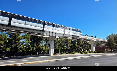 Treno monorotaia su percorso urbano sopraelevato. Moderno treno monorotaia che viaggia su un binario sopraelevato sopra una strada della città con alberi e un cielo azzurro Foto Stock