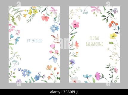 Cornice floreale acquerello con fiori di prato selvatico, bordi botanici verticali per inviti di nozze, biglietti d'auguri, cancelleria. EPS vettoriale. Illustrazione Vettoriale