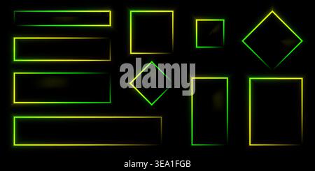 Set di cornici al neon rettangolari giallo-verdi. Illustrazione vettoriale su sfondo nero. Illustrazione Vettoriale