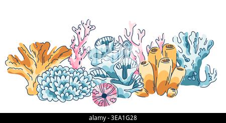 Composizione lineare della barriera corallina sul fondo marino in stile doodle isolato su bianco, polipi e anemoni vari Illustrazione Vettoriale