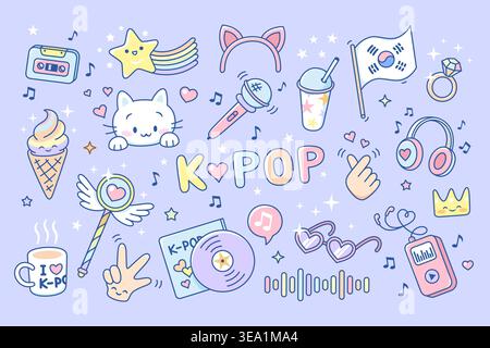 Elementi K-pop. Adesivi colorati stile pop coreano. Divertente gattino, gelato, disco musicale, cuffie. Icone alla moda per diario, pianificatori, ordinati Illustrazione Vettoriale