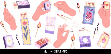 Fiammiferi di legno. Mano con fiammifero ardente, bastoncini di legno e fuoco. Eleganti matchbox di tendenza dal design diverso. Accessori per la casa, set vettore racy Illustrazione Vettoriale