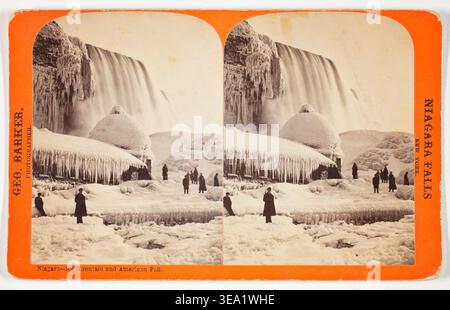 Niagara - Ice Mountain e American Fall di George Barker, fine XIX secolo, vista stereoscopica della cascata ghiacciata con formazioni di cicle e visitatori nel paesaggio invernale Foto Stock