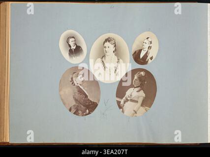 The Madame B album di Marie-Blanche Hennelle Fournier, anni '1870, cinque ritratti ovali di donne disposte in una composizione, che espongono varie pose e abiti d'epoca con gioielli e accessori Foto Stock