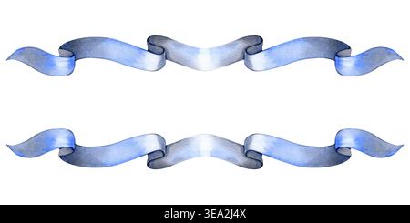 Illustrazione ad acquerello disegnata a mano di eleganti striscioni blu chiaro ondulati. Questi rotoli orizzontali in seta presentano ombre morbide e texture realistiche Foto Stock