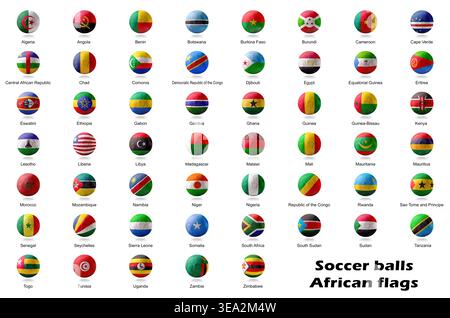Griglia di palloni da calcio disegnati con bandiere africane su uno sfondo pulito, che mostrano diversità, identità e rappresentanza sportiva globale. Foto Stock