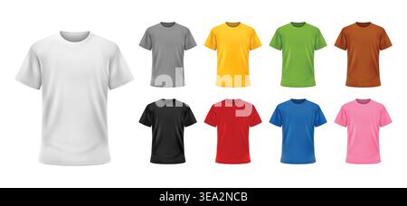 Magliette colorate con vista frontale 3D realistica, camicie casual a maniche corte vuote in bianco, grigio, giallo, verde, nero, rosso, blu e rosa per il design vettoriale di stampa. Illustrazione Vettoriale