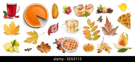 Collage autunnale con dolci e foglie di stagione su sfondo bianco Foto Stock