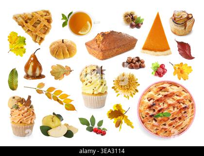 Collage autunnale con dolci e foglie di stagione su sfondo bianco Foto Stock