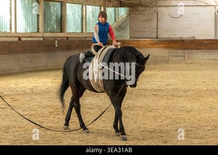 Bambino che fa esercizio fisico sulle mani sul cavallo nell'arena. Foto Stock