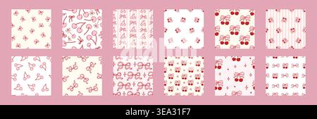 Set con motivo di ciliegio senza cuciture con fiocchi e cuori rosa. Grazioso design in coquette per tessuti, confezioni regalo o romantici sfondi di San Valentino con fascino vintage femminile. Illustrazione vettoriale Illustrazione Vettoriale