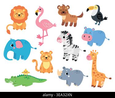 Graziosa collezione di animali africani in stile piatto. Disegni per bambini. Grafica vettoriale, disegnata a mano, isolata su sfondo bianco. Illustrazione Vettoriale