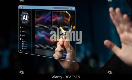 Piattaforma DI INTELLIGENZA ARTIFICIALE che genera immagini artistiche con interfaccia dinamica. I contenuti generati DALL'INTELLIGENZA artificiale vengono visualizzati nella galleria di immagini vista intelligenza artificiale. Intelligenza artificiale genrativa Foto Stock