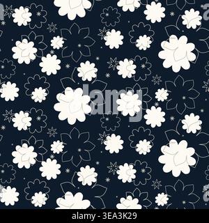 Un motivo floreale senza cuciture presenta vari tipi di crema e fiori stilizzati bianchi. Questi fiori decorativi sono sparsi su un profondo sfondo blu navy, creando un design visivamente accattivante. Illustrazione Vettoriale