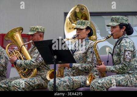 Banda dell'esercito messicano che suona strumenti musicali a fiato Foto Stock