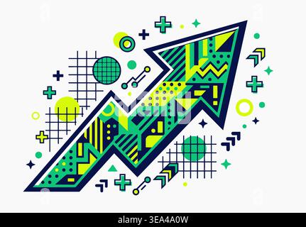 Vivace illustrazione vettoriale con una freccia rivolta verso l'alto composta da motivi geometrici dinamici in verde elettrico, giallo neon e blu scuro. Illustrazione Vettoriale