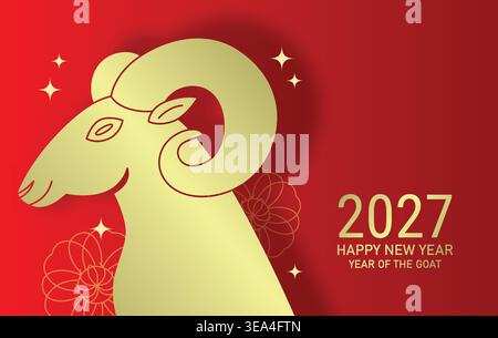 Forma dorata del modello per striscioni di capra zodiacale. Modello di biglietto di auguri orizzontale Year of the Goat 2027 con taglio di carta. Illustrazione Vettoriale