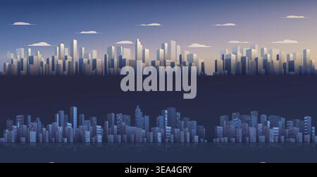 Gli edifici della città sono di architettura moderna, il tramonto e lo sfondo notturno della città orizzontale. Paesaggio urbano della città moderna. Panoramica in Illustrazione Vettoriale