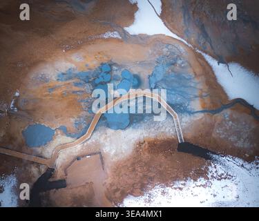 Vista aerea dell'area geotermale di Myvatn, caratterizzata da vivaci piscine blu, terra arancione e una passerella in legno che si snoda attraverso il paesaggio vulcanico di T Foto Stock