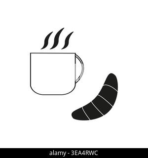 Tazza di caffè a vapore. Delizioso croissant mattutino. Colazione nera Vector. Semplice pasticceria da forno. Illustrazione Vettoriale